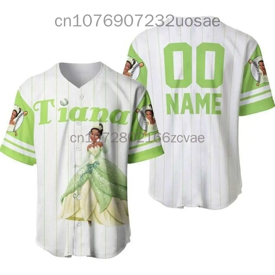 Disney Princess Tiana Baseball Jersey Uomo Donna Bambini Manica Corta Bottone Jersey Disney Baseball Jersey Casual Sports Shirt