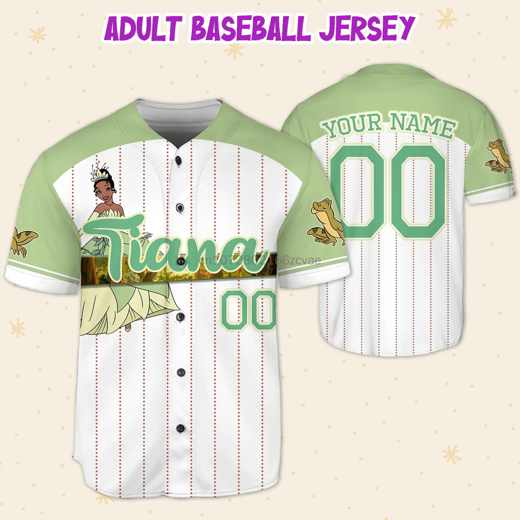 Disney Princess Tiana Baseball Jersey Uomo Donna Bambini Manica Corta Bottone Jersey Disney Baseball Jersey Casual Sports Shirt