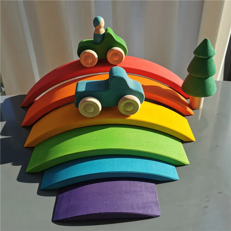 Giocattoli Montessori In Legno Arcobaleno Impilabile Ponte Tiglio Auto Camion Alberi Forestali Per Bambini Blocchi Educativi