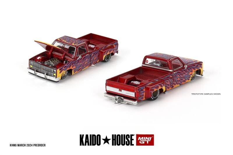 ** Preordina ** Kaido House X Mini Gt 1:64 Silverado Dually On Fire V1 Diecast Model Car