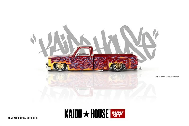 ** Preordina ** Kaido House X Mini Gt 1:64 Silverado Dually On Fire V1 Diecast Model Car