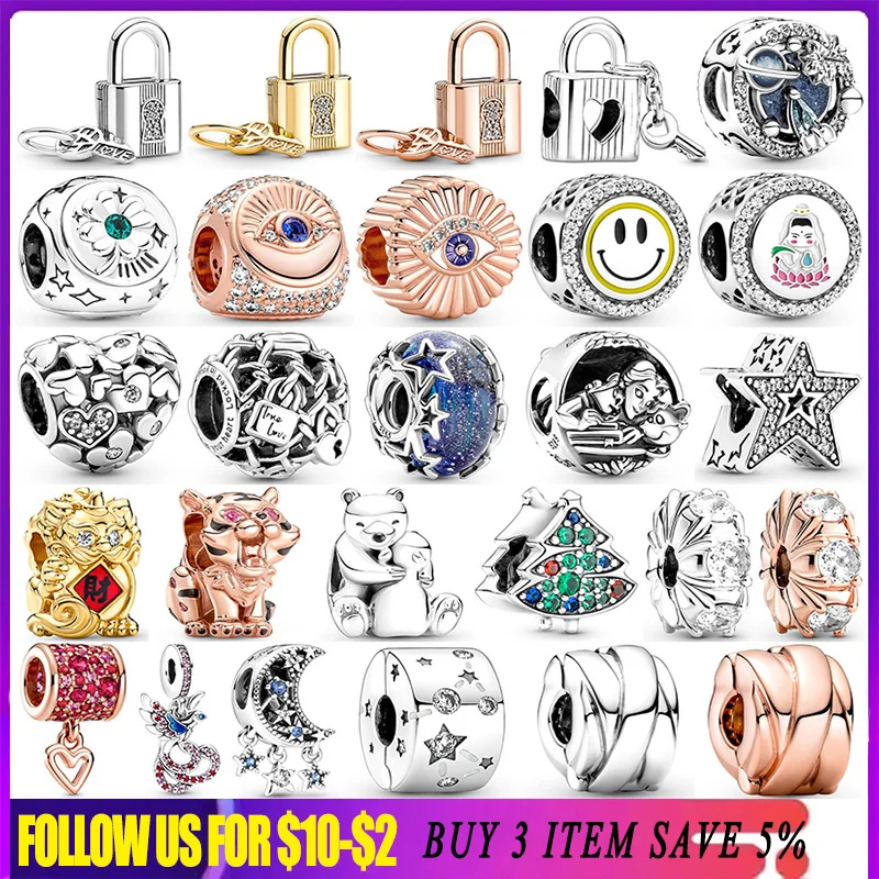 925 Sterling Silver Padlock & Key Moon Star Phoenix All-Seeing Eye Beads Fit Original Pandora Charm Bracelet Women Diy Jewelry