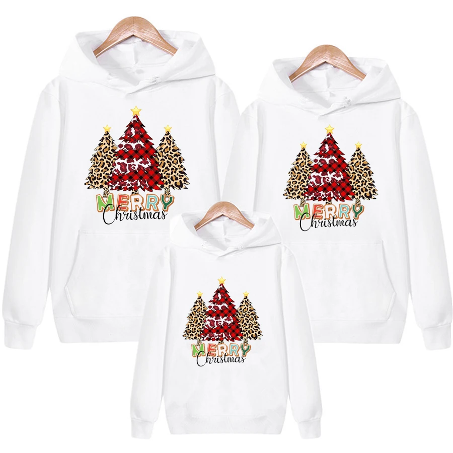 Classic Xmas Tree Print Family Matching Jacket White Family Felpe Con Cappuccio Set Winter Top Christmas Party Clothes Gift Uomo Donna Bambino