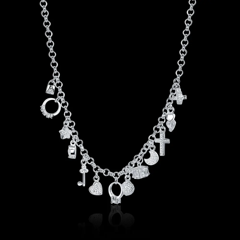 Vendita Calda 925 Gioielli Collana In Argento Sterling 18 Pollici Zircone Lucido Chiave Luna Cuore Stella Croce Collana Tutto-Fiammifero Regalo Di Nat