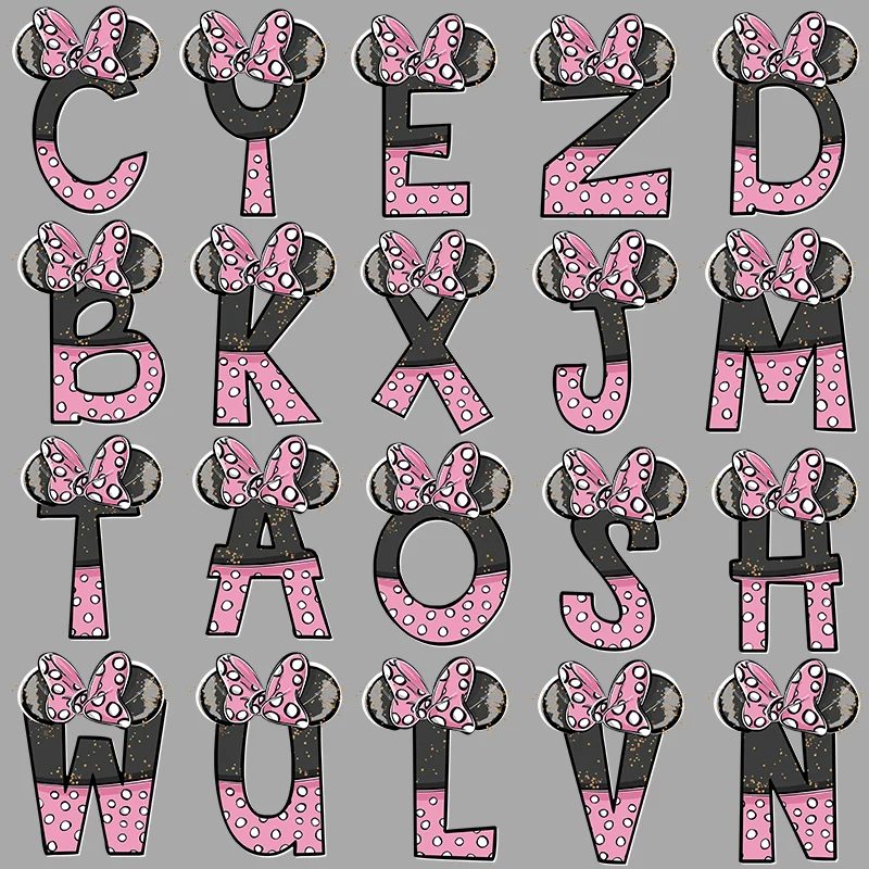 Fiocco Rosa 26 Lettere Inglesi Minnie Cartoon Pattern Iron On Transfer On Clothes Applique Decor Stickers Su Tessuto