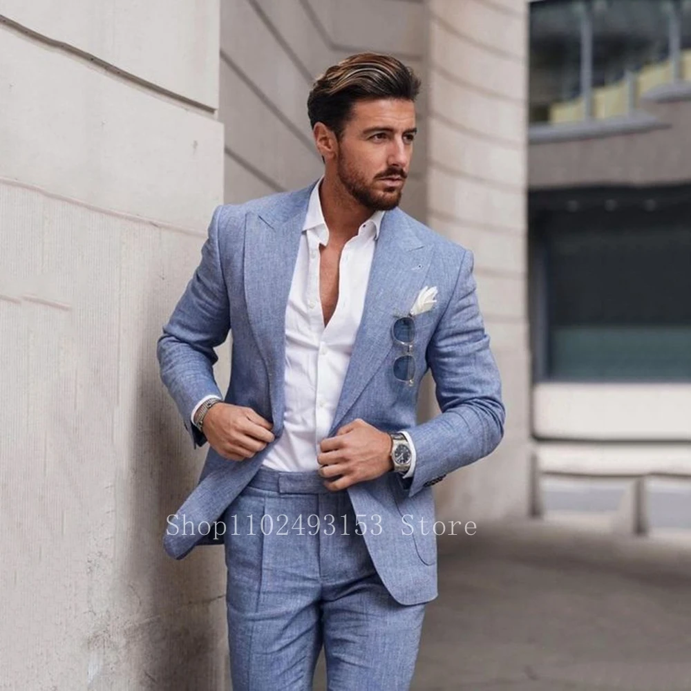 2023 New Fashion Lino Abiti Maschili Slim Fit Casual Peak Risvolto 2 Pezzi Best Men Groom Wedding Party Suits Costume Homme Mariage