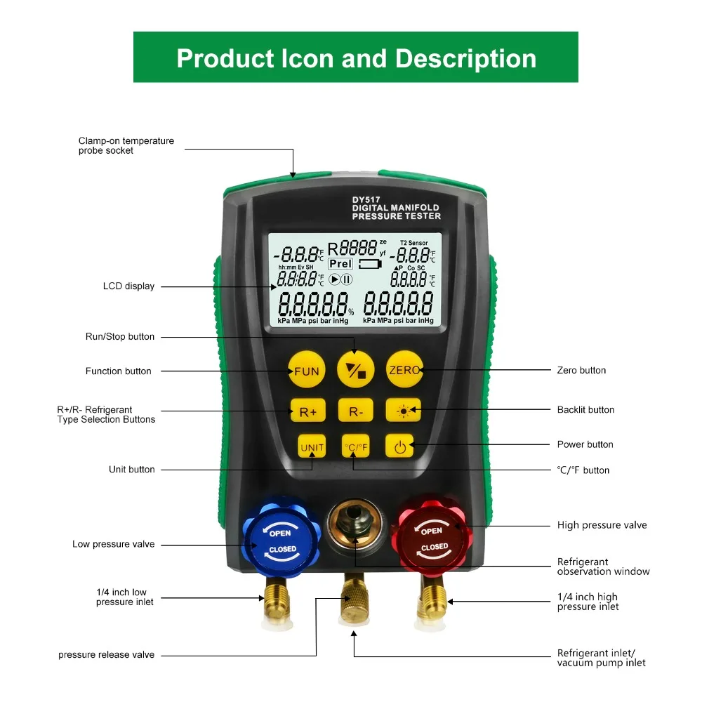 Duoyi Dy517A Digital Collettore Meter Aria Condizionata Vacuum Gauge Per Refrigerazione Hvac Vacuum Pressure Temperature Tester Set