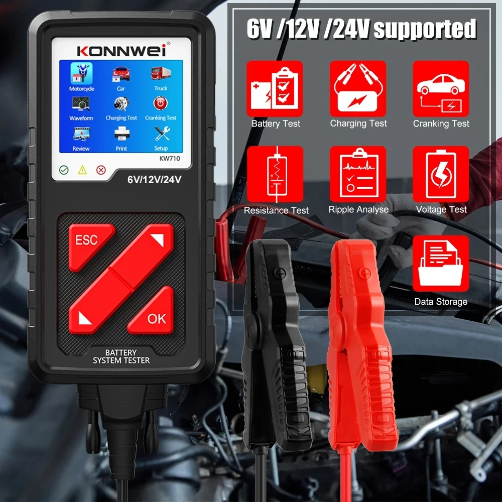 Konnwei Kw710 6V 12V 24V Car Motorcycle Truck Battery Test Analyzer Strumento Diagnostico 2000 Cca Auto Charging Cranking Tester Tools