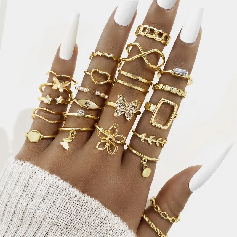 Ifkm Metal Gold Color Rings Set Twist Hollow Rings For Women Pearl Vintage Butterfly Rings Accessori Per Gioielli Geometrici Alla Moda