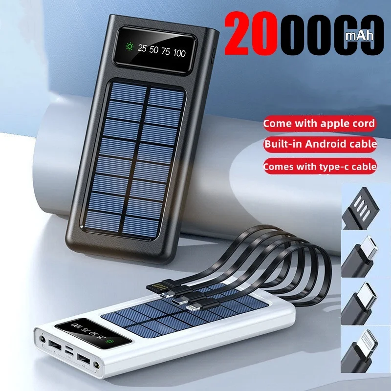 New100000Mah Power Bank Built Cables Portable Power Source 2 Usb Top Solar Ports Charger Per Xiaomi Iphone Con Luce A Led