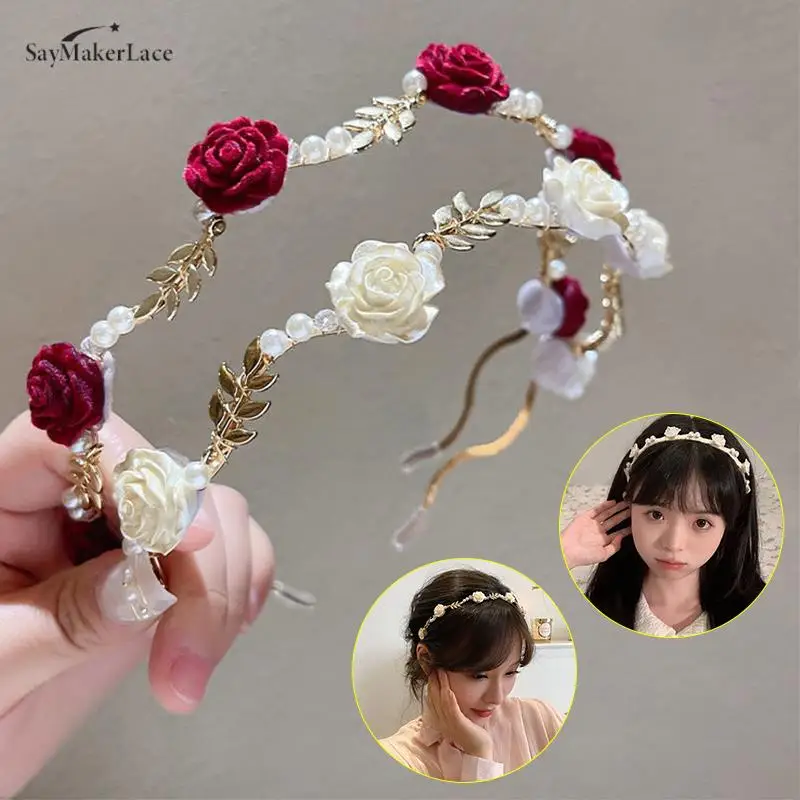 Elegante Vintage Ladies Rose Vine Fascia Per Capelli Accessori Per Capelli Copricapo Ragazze Metal Flower Pearl Red White Rose Hairbands