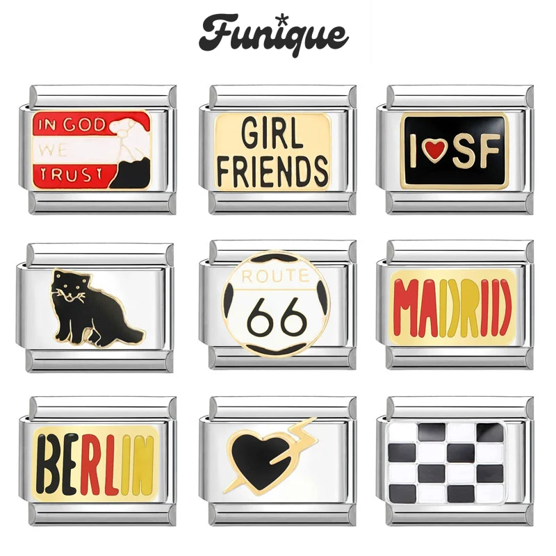 Funique Retro Charm Football Cat Checkerboard Italian Charm Links Fit 9Mm Bracciale In Acciaio Inossidabile Fai Da Te Che Fa Gioielli All'Ingrosso