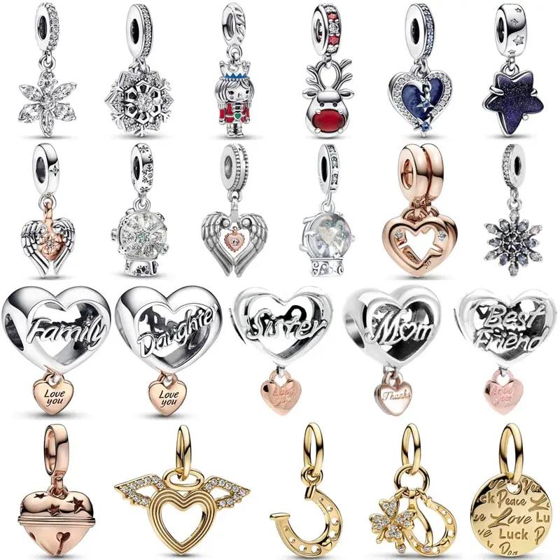 925 Sterling Silver Bead Love You Family Figlia Heart Angel Wings Snowglobe Bell Pendant Charm Fit Popular Bracciale Jewelry