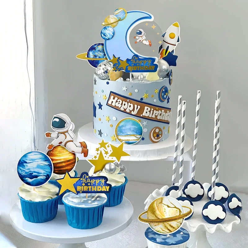 Astronauta Tema Cupcake Topper Astronave Rocket Space For Kids Happy 1St Birthday Party Cake Topper Baby Shower Dessert Decor