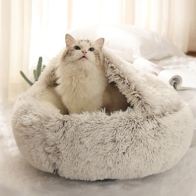 Nuovo Stile Pet Dog Cat Bed Round Plush Cat Warm Bed House Soft Long Plush Bed Per Cani Di Piccola Taglia Per Gatti Nest 2 In 1 Cat Bed