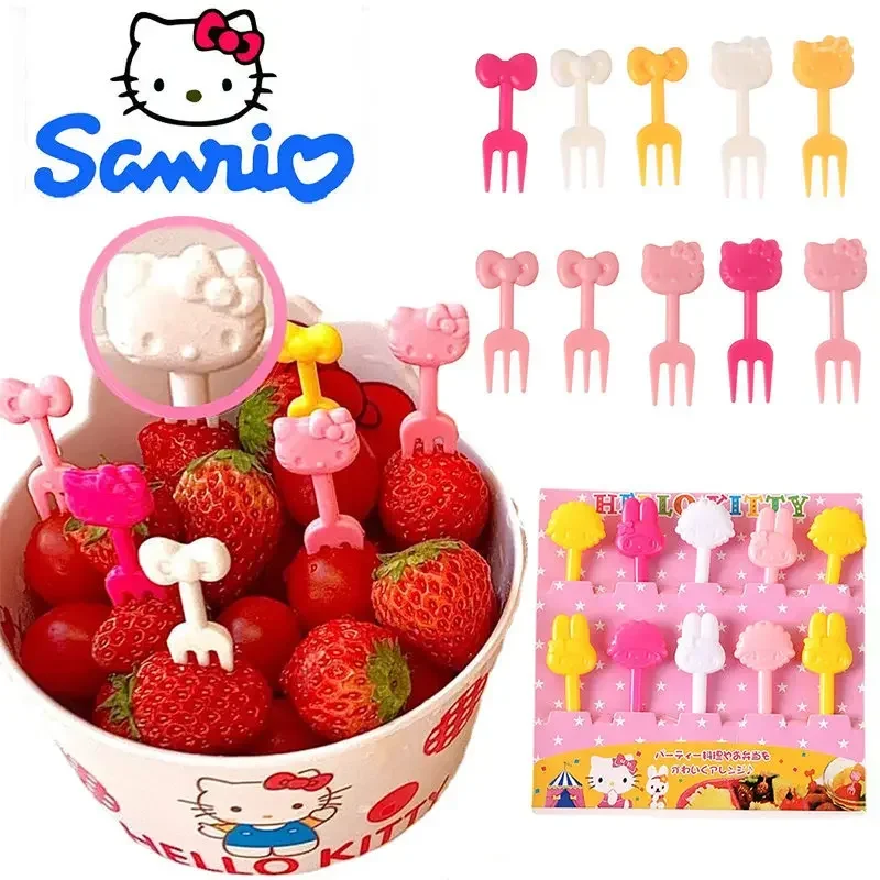8/10Pcs Sanrio Hello Kitty Mini Plastics Fruit Fork Cute Animation Bento Food Picks My Melody Snack Cake Dessert Fruit Stick