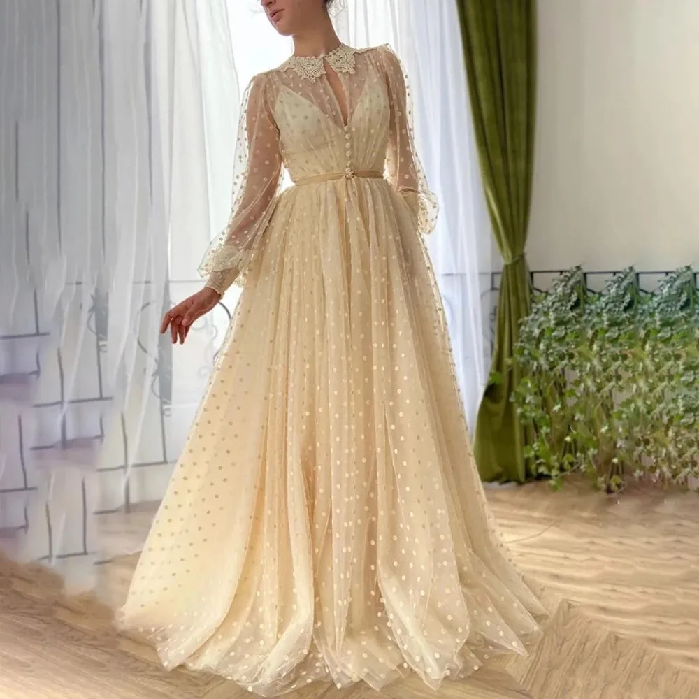 Abito Da Ballo Gonfio Champagne Tulle A Line Manica Trasparente Elegante Abito Da Sera Lungo Abito Plus Size Vestido De Festa