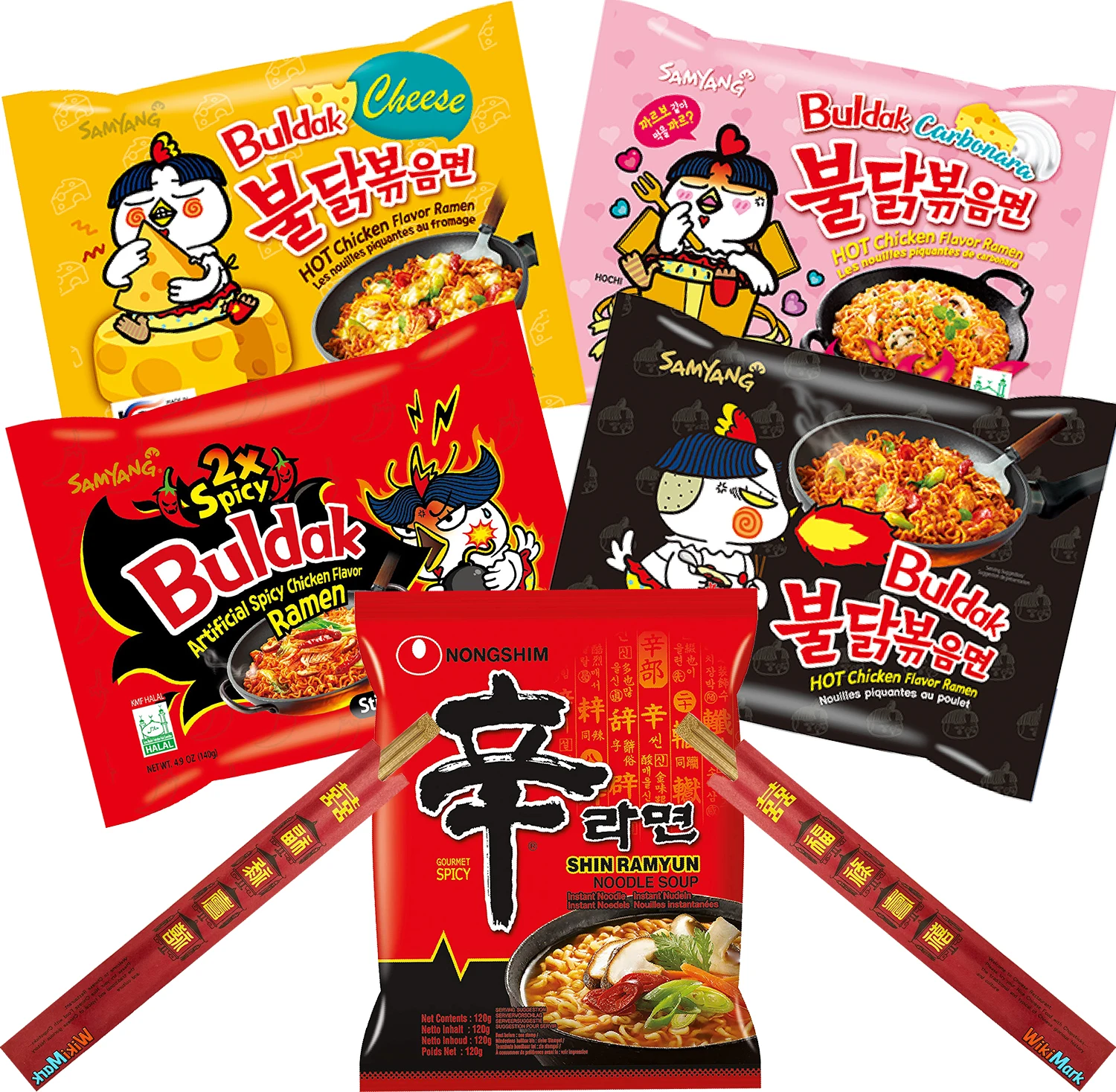 Assortimento Di 5 Ramen Vari Gusti E 2 Bacchette Di Bambù Wikimark. Include, Formaggio Samyang, Zuppa Di Spaghetti Antischiuma Shin Ramyun, Pollo Cald