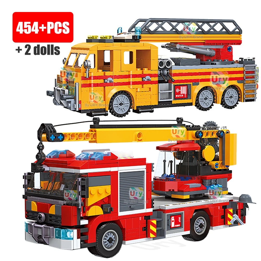 City Series Fire Ladder Water Truck Rescue Crane Red Van Model Set Vigili Del Fuoco Figure Building Blocks Giocattoli Fai Da Te Per Ragazzi Regalo Per