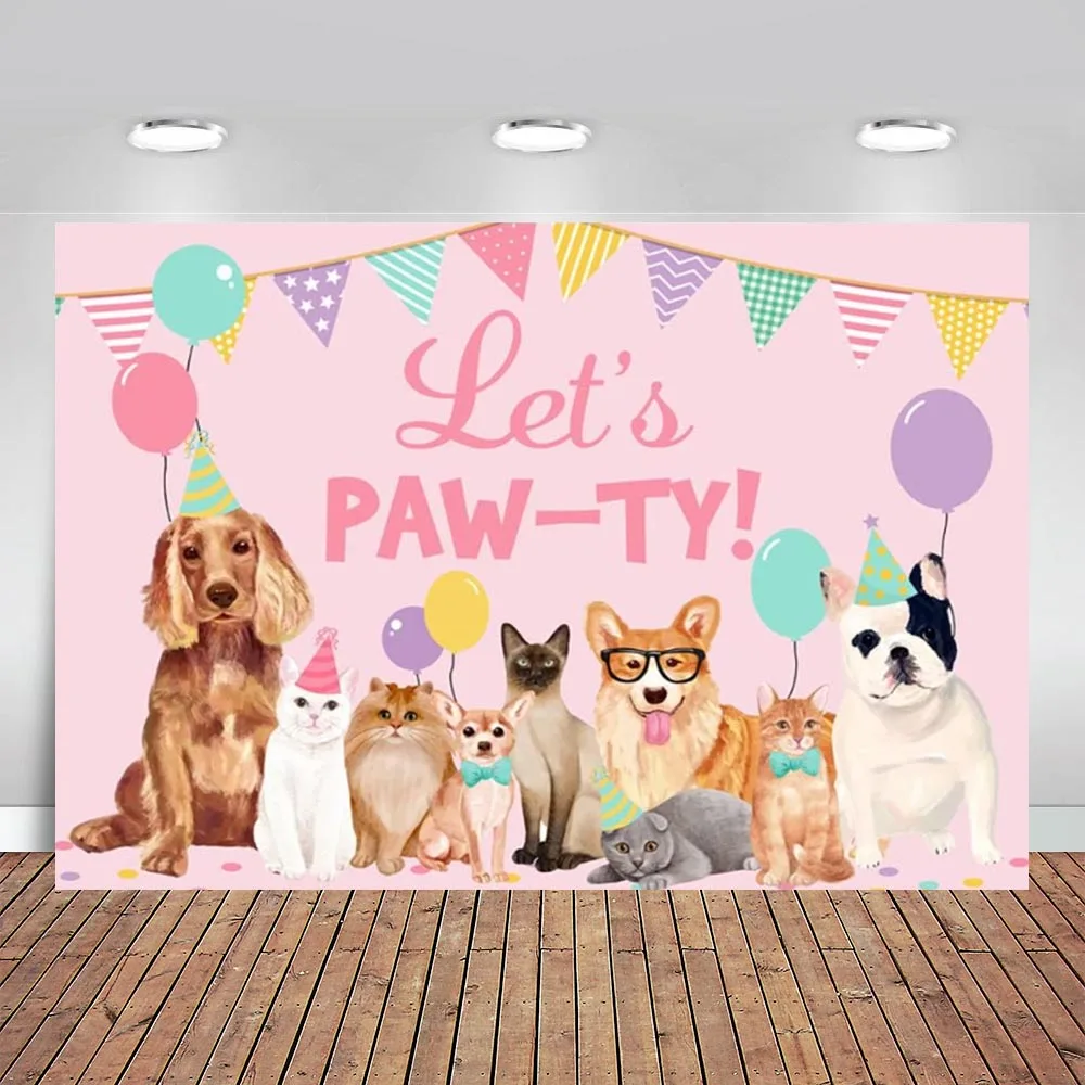 Let'S Paw-Ty Fondali A Tema Happy Birthday Puppy Dog Cat Doggy Pet Pink Girl Photography Background Birthday Banner