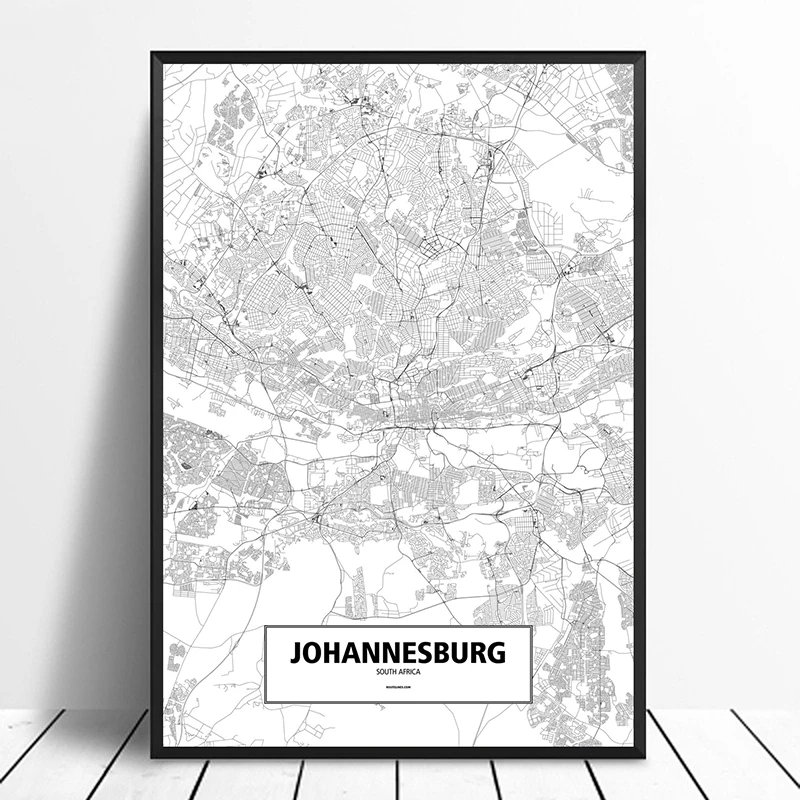 Johannesburg, Sud Africa Nero Bianco Personalizzato World City Map Poster Canvas Print Nordic Style Wall Art Home Decor