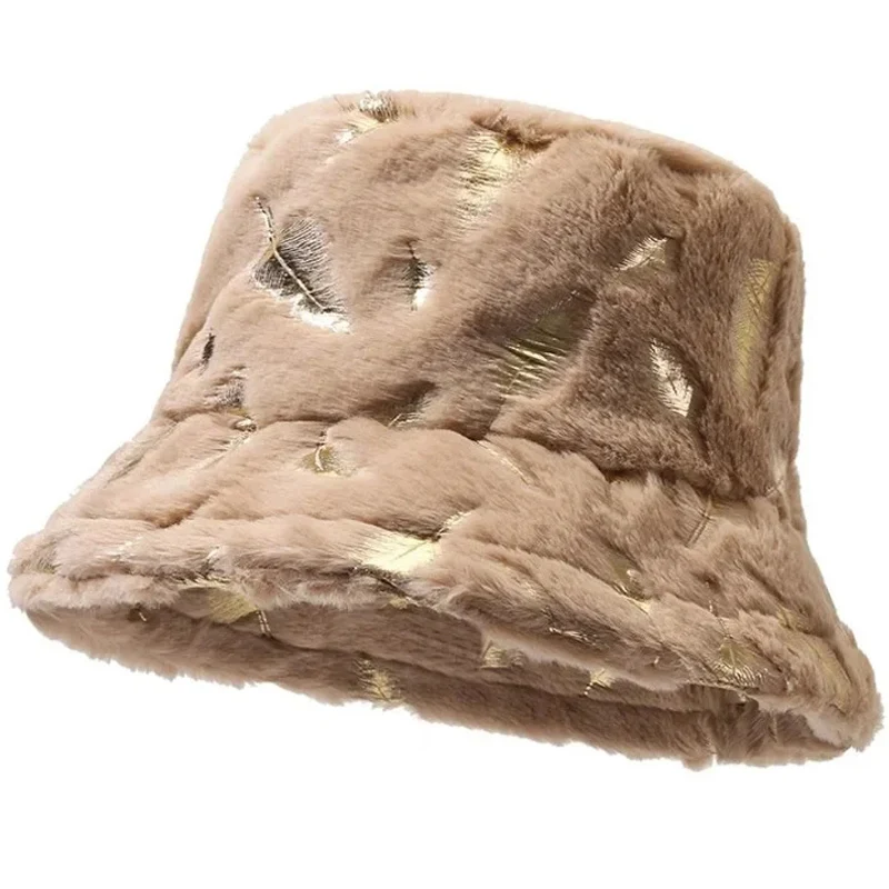 New Fashion Bronzing Feather Thick Plush Bucket Hats For Women Fisherman Cap Warm Panama Caps Soft Velvet Furry Basin Hat Bonnet