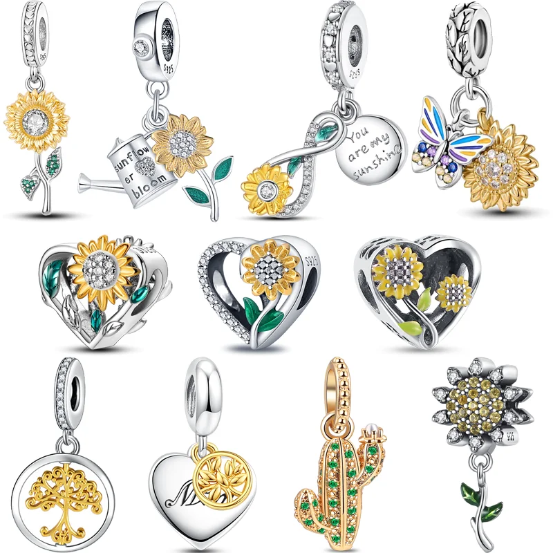 925 Sterling Silver Charm Fit Original Pandora 925 Bracciale Golden Sunflower Daisy Lemon Tree Cactus Shining Beads Fine Jewelry