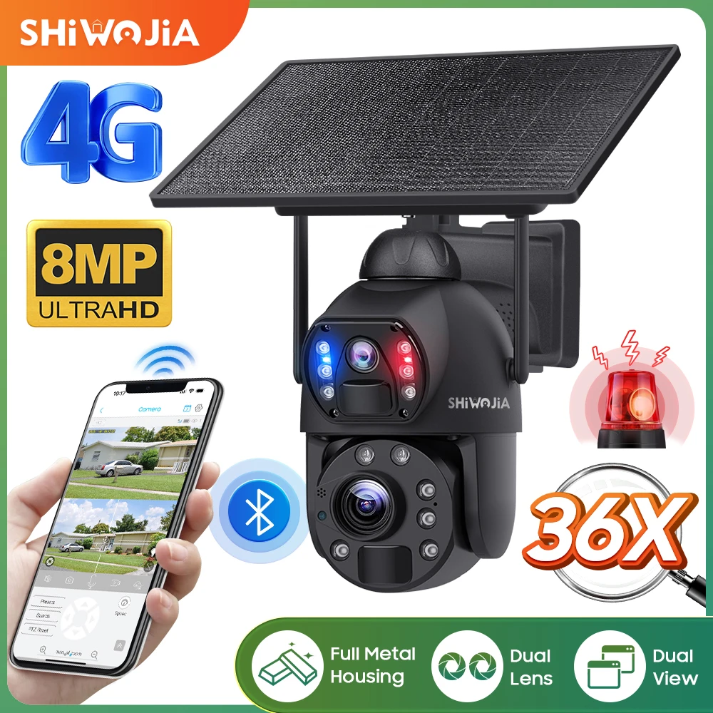 Shiwojia 36X Zoom 8Mp Fotocamera Solare 4G Sim Outdoor Wireless Wifi Pannello Solare Batteria Telecamera Di Sicurezza Dual-Lens Humanoid Tracking