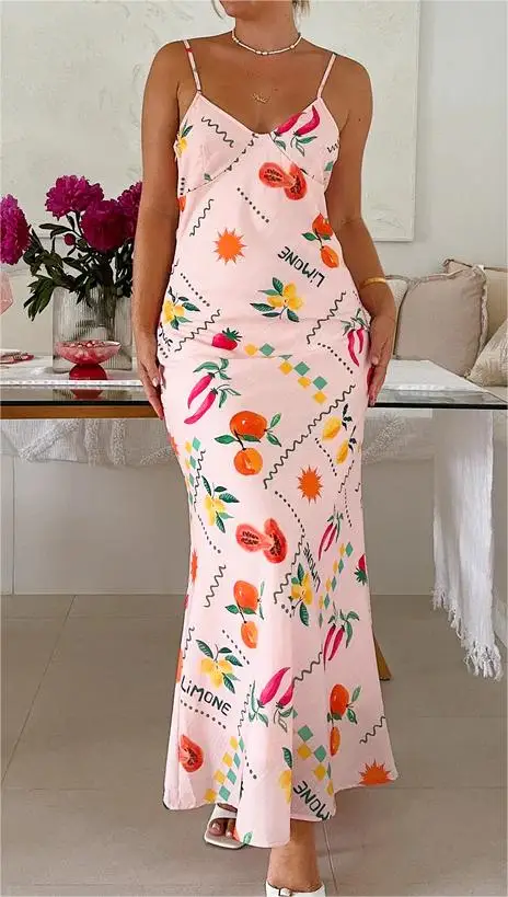 New Fashion Womens Summer Long Papaya Fruit Print Dress Abito Senza Maniche Con Scollo A V Club Street Style Skin Friendly Vendita Calda S M L