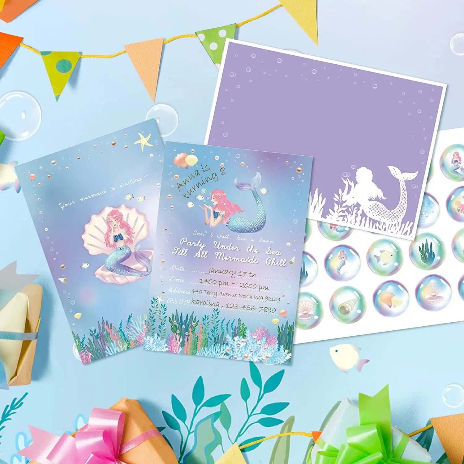 12 Set Little Mermaid Birthday Party Invitation Cards Invited Under The Sea Party Invitation Card With Envelope Mermaid Stickers