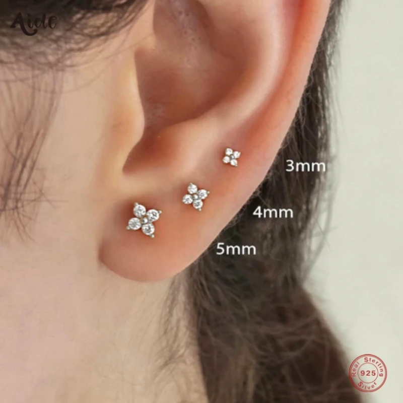 Aide 925 Sterling Silver 3 Pezzi Set 3/4/5Mm Clover Mini Flower Zircone Bar Piercing Stub Orecchino Per Le Donne Gioielli Minimalisti Party