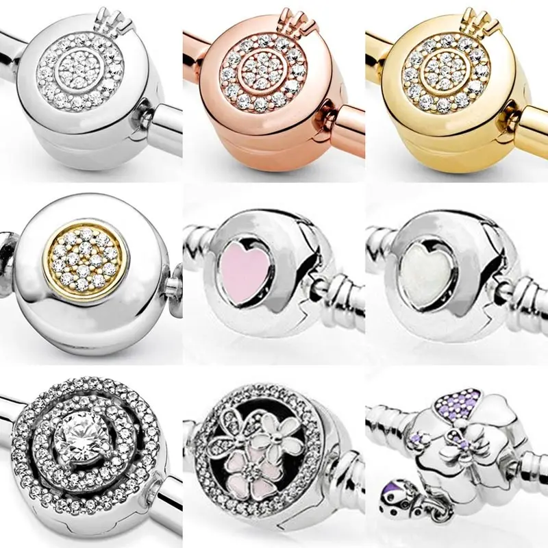 Originale 925 Sterling Silver Sparkling Two-Tone Signature Halo Clasp Per Popolare Bracciale Bangle Bead Charm Gioielli Fai Da Te
