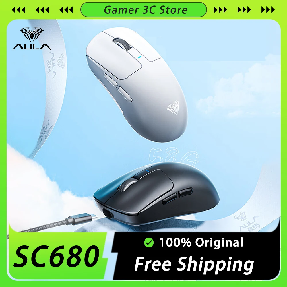 Aula Sc680 Mouse Wireless Paw3395 Sensore Tre Modalità 8K Fps Mouse Da Gioco 500Mah Lunga Durata Della Batteria Ergonomia Pc Gamer Mac Office