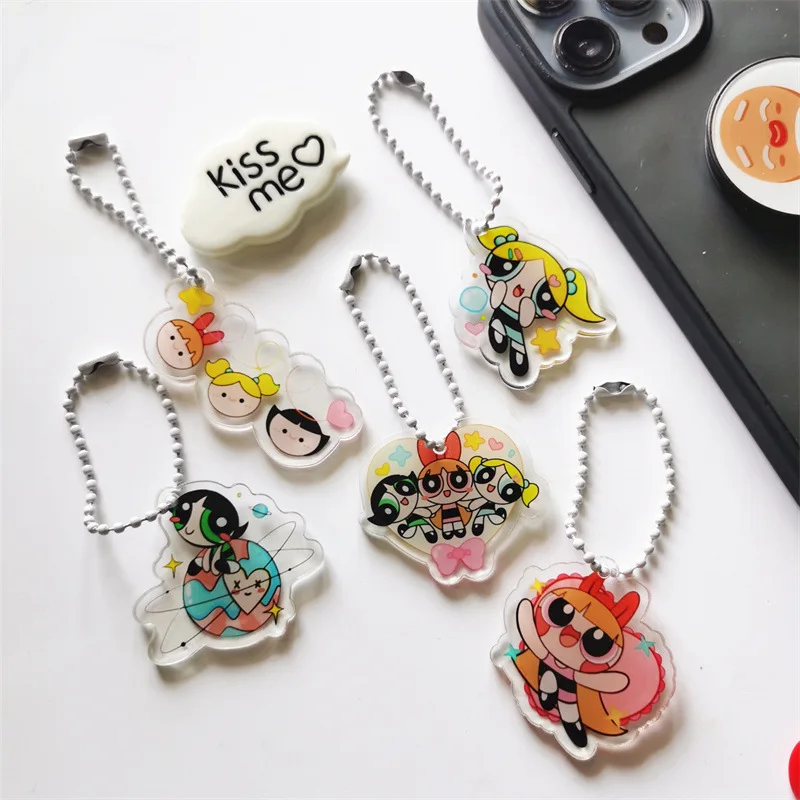 Mini Anime The Powerpuff Girls Wave Bead Chain Acrilico Spot Portachiavi Kawaii Cartoon Bubble Furry School Bag Ciondolo Portachiavi