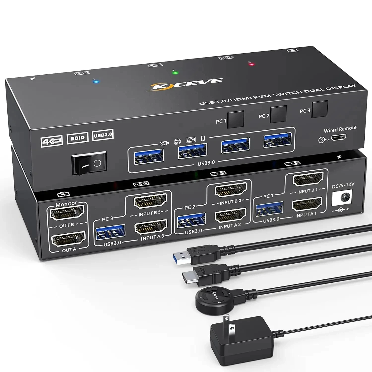 Dual Monitor Kvm Switch Usb 3.0 Hdmi Kvm Switch 2 Monitor 3 Computer, Emulatore Edid, 4K @ 60Hz 2K @ 144Hz Con 4 Porte Usb 3.0
