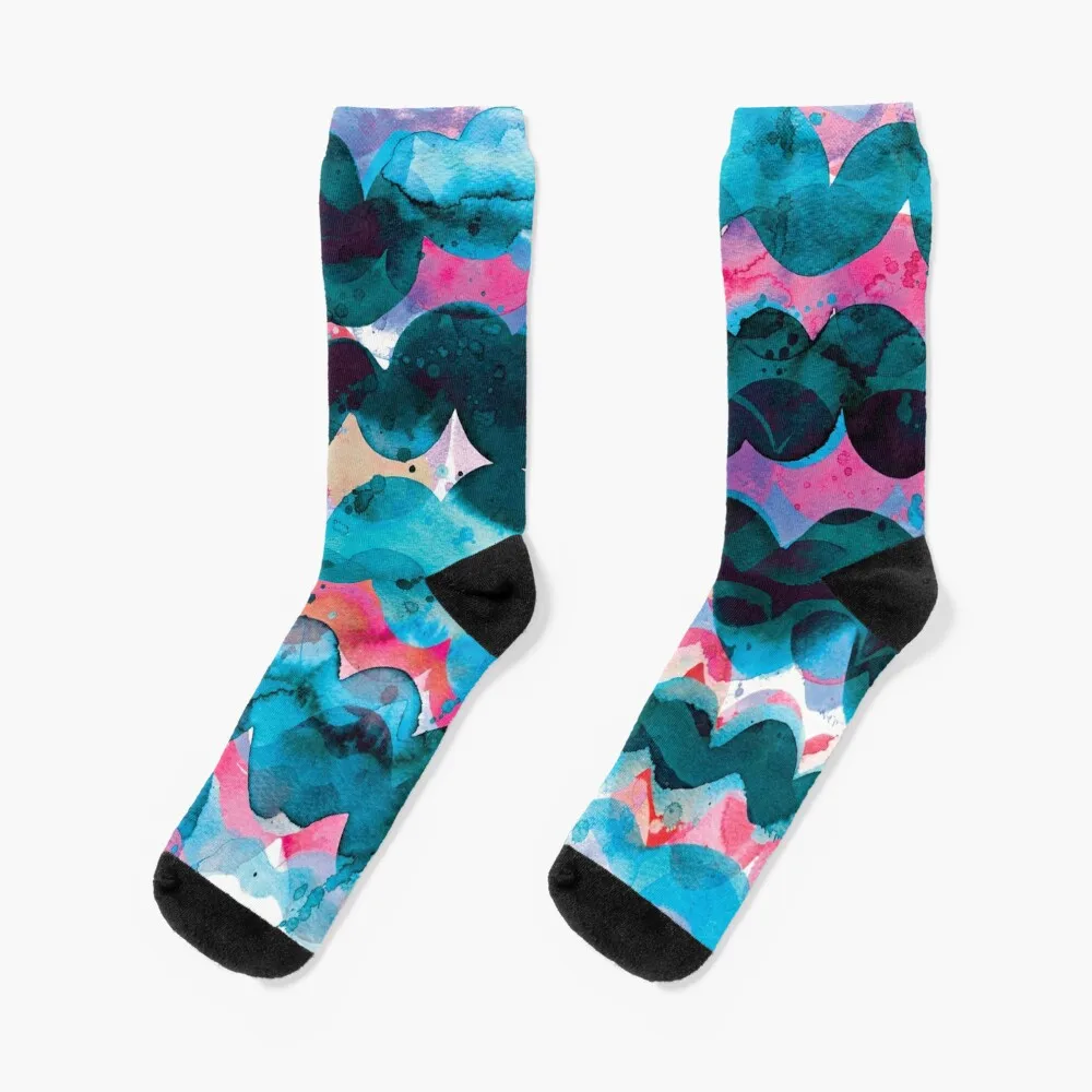 Abstract Waves Sunset Acquerello Painting - Blue Ocean And Fucsia Socks Floor Kids Children'S Designer Man Socks Women'S