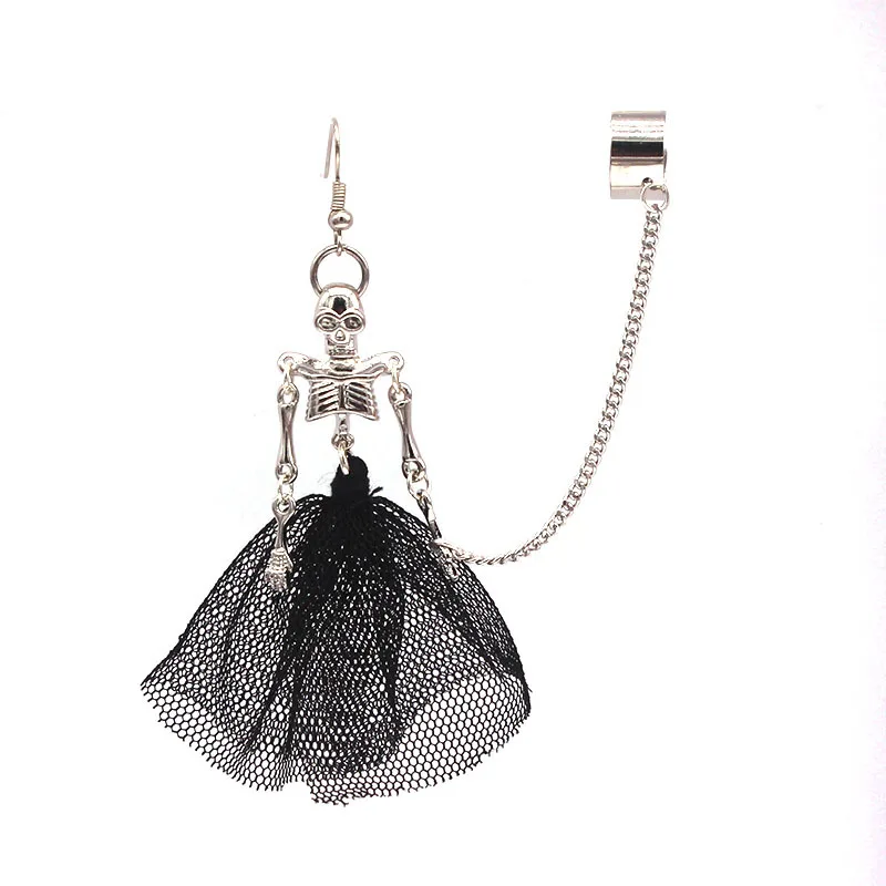 Halloween Punk Dark Gothic Skull Bride Wave Black Yarn Dress Single Ear Studs + Orecchini Earbone