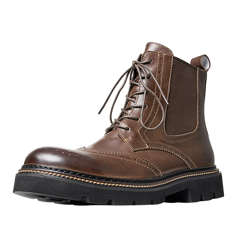 Retro Brogue Stivali Da Equitazione In Pelle Bovina Di Alta Qualità Stivaletti Chelsea Boots Scarpe Da Uomo In Pelle Naturale Marrone