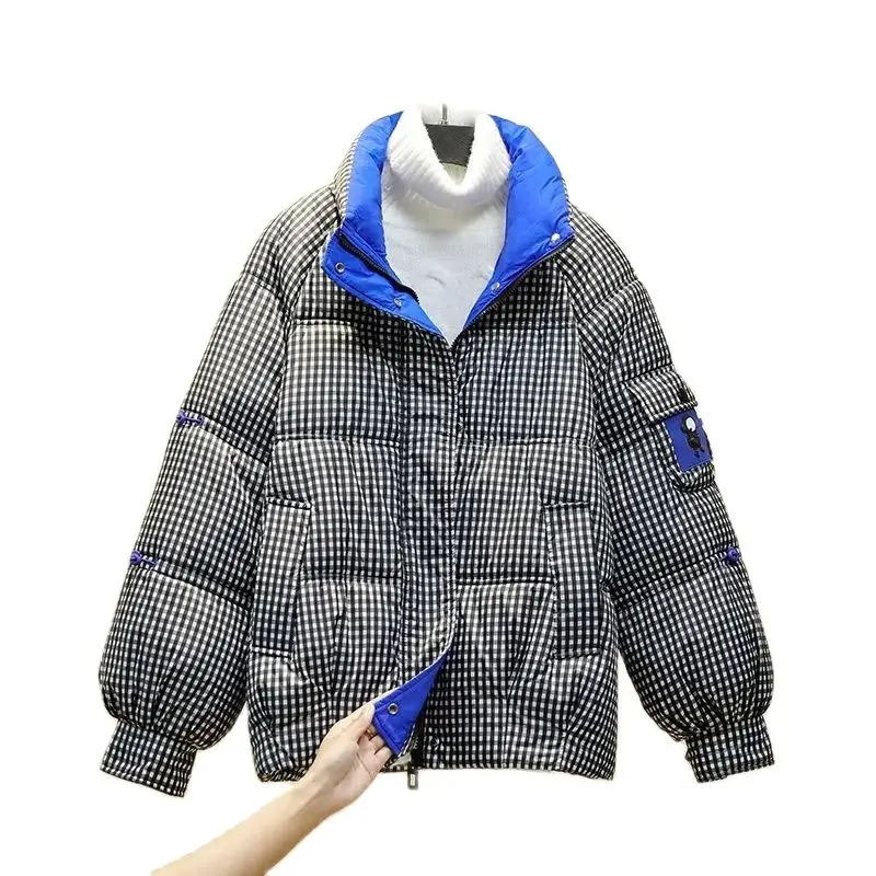 Autunno Inverno Giacca Di Cotone Donna 2023 Nuova Moda Sciolto Addensare Cappotto Stand-Up Colletto Cerniera Chequer Tasca Capispalla Femminile