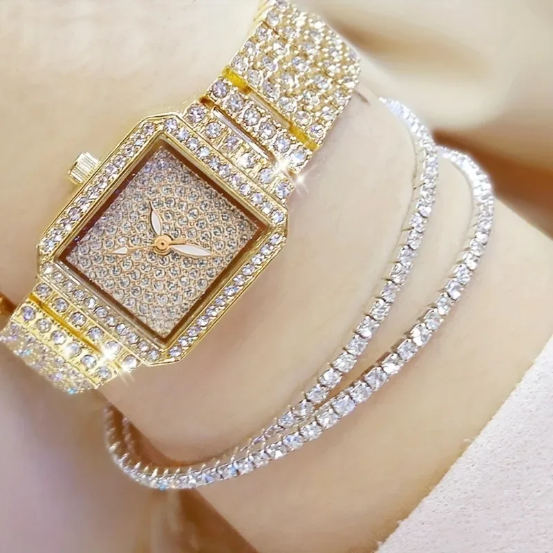 3Pcs Fashion Diamond Watch Per Le Donne Luxury Crystal Rose Gold Quartz Watch Orologio Da Polso Dress Orologio Femminile Ladies Reloj Para Mujer