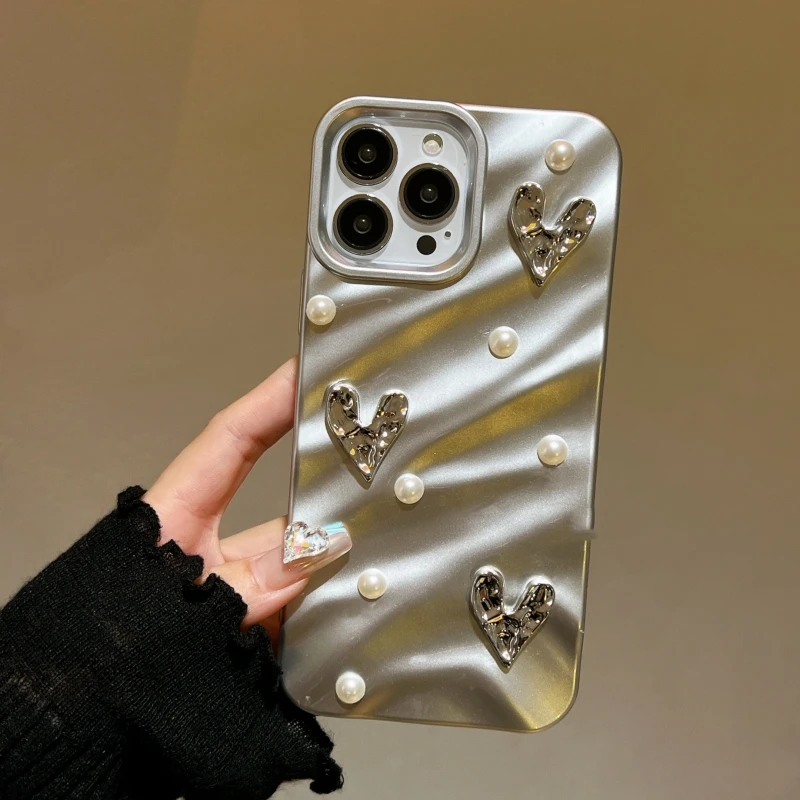 Nuovo 2024 Ins Silk Pattern Love Heart Pearl Custodia Ondulata Per Iphone 15 14 13 12 11 Pro Max Xr Xs 7 8 Plus Se 3 Cover Morbida Antiurto