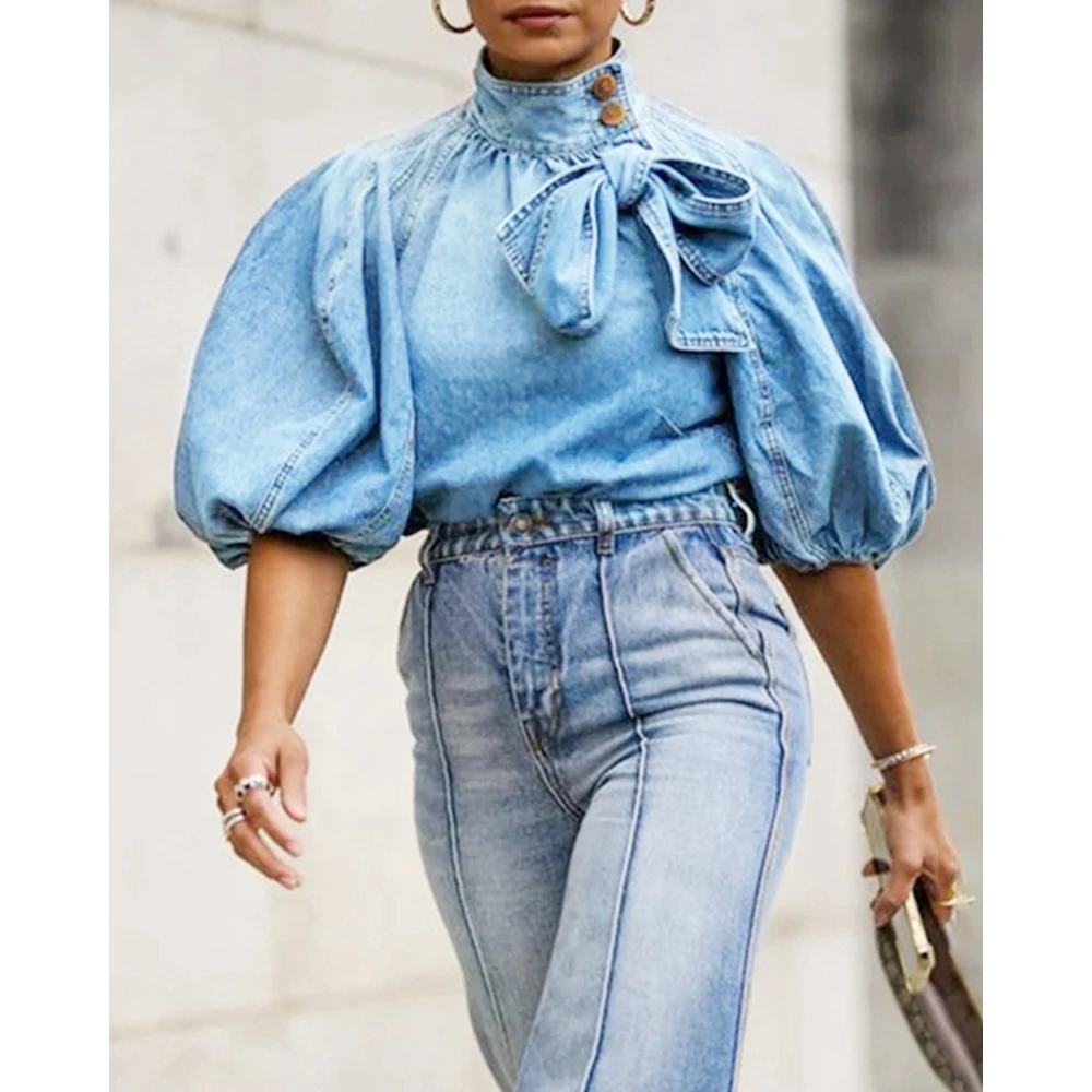 Camicetta E Camicetta A Levis Con Maniche A Lanterna Con Colletto A Lupetto Con Fiocco Da Donna Top Y2K Camicetta Estiva A Mezza Manica In Denim Moda 