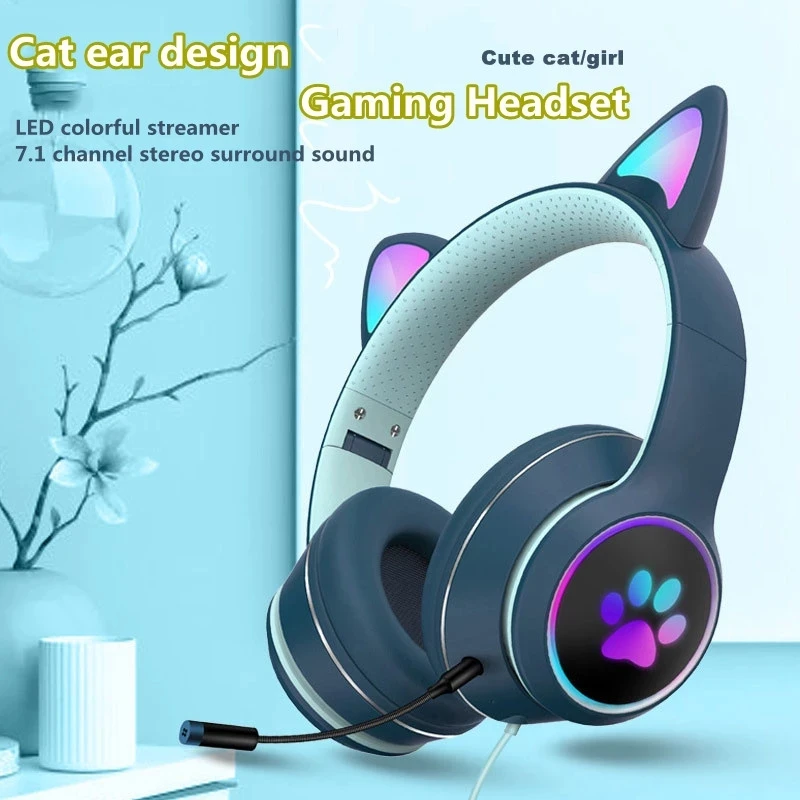 Cat Ear Gamer Headset Girl Cute Headset Cuffie Con Doppia Cancellazione Del Rumore Con Microfono Rgb Light Virtual 7.1 Auriculares Gift
