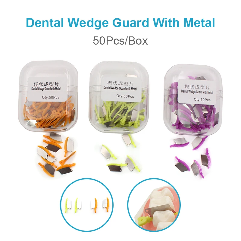 50 Pz/Pacco Di Protezione Dentale Del Cuneo Dei Denti Principali Con Il Coltello Di Plastica Del Cuneo Del Metallo Con La Matrice D'Acciaio Dentale Di