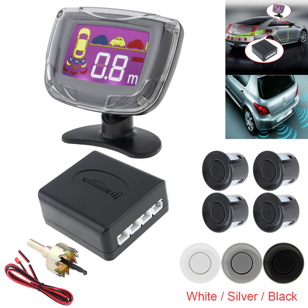 Waterproof Intelligent Parking Assistance System With 4 Parking Sensors And Lcd Display Monitor - 3 Optional Color