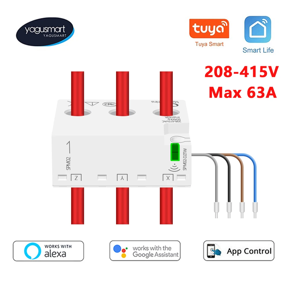 Yagusmart 3 Phase 4 Wire Smart Energy Meter 63A Tuya Zigbee Wifi Monitoraggio Della Potenza Sensore Di Allarme 208V 415V Smart Life App Control