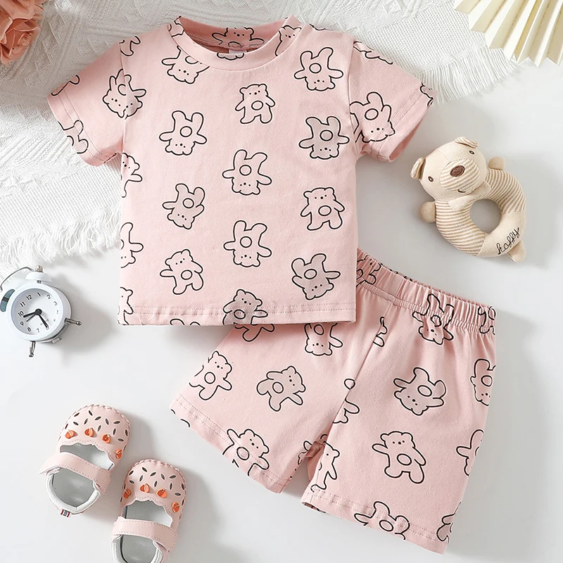 Toddler Infant Neonate Ragazzi Summer Cute Shorts Set Manica Corta Girocollo Orso Stampa Top Shorts Set
