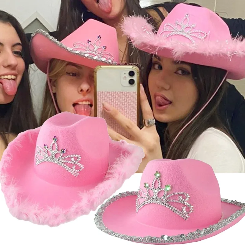 Pink Crown Western Cowgirl Hat Donna Girls Tiara Feather Felt Paillettes Cowboy Cap Costume Party Jazz Caps Halloween Cosplay Puntelli