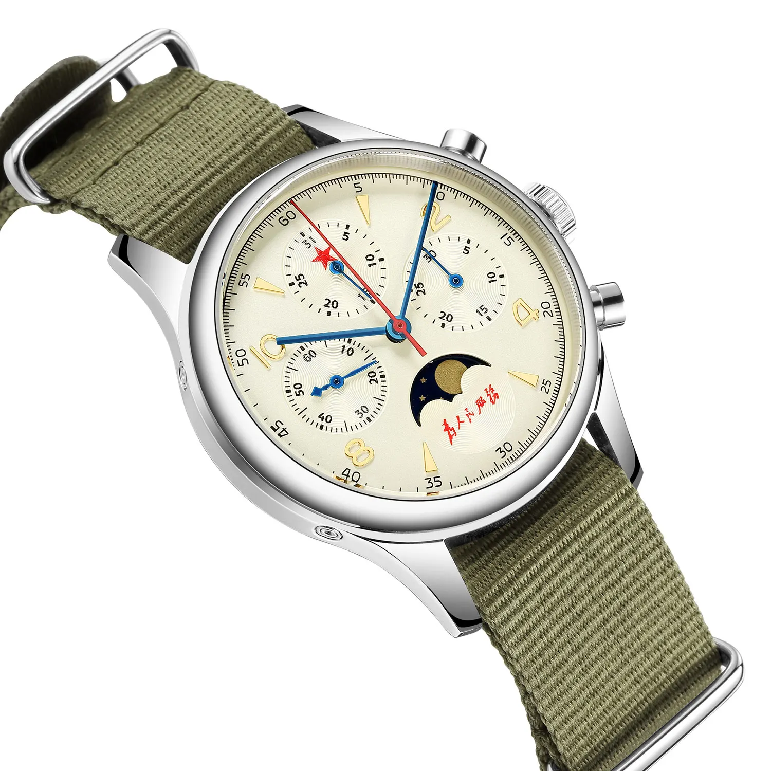 Red Star Mens Vintage Luxury Moonphase Orologio Da Polso St1908 Avvolgimento Manuale Movimento Ruota Colonna Cassa In Acciaio Inossidabile 316L