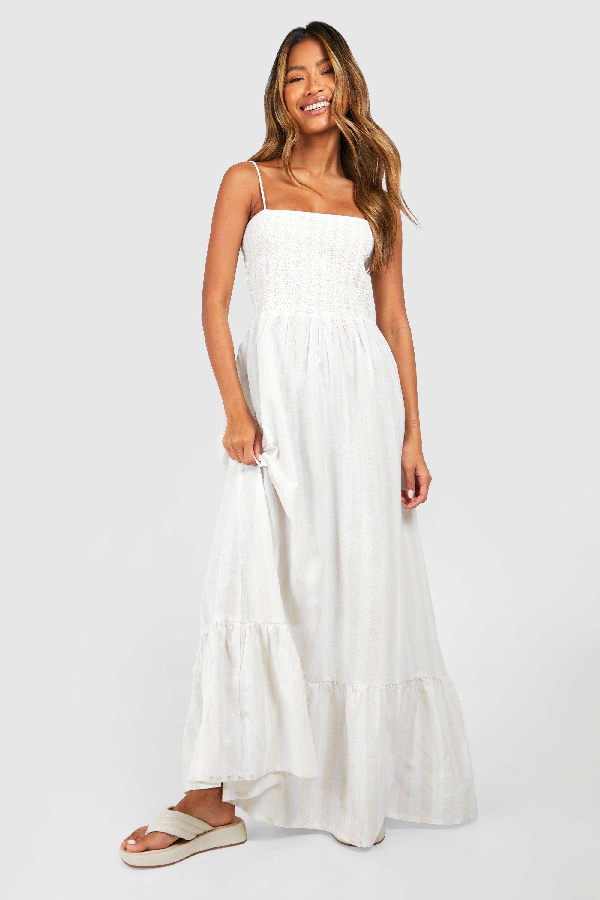 Linen Look Shirred Stripe Bandeau Maxi Dress, Cream